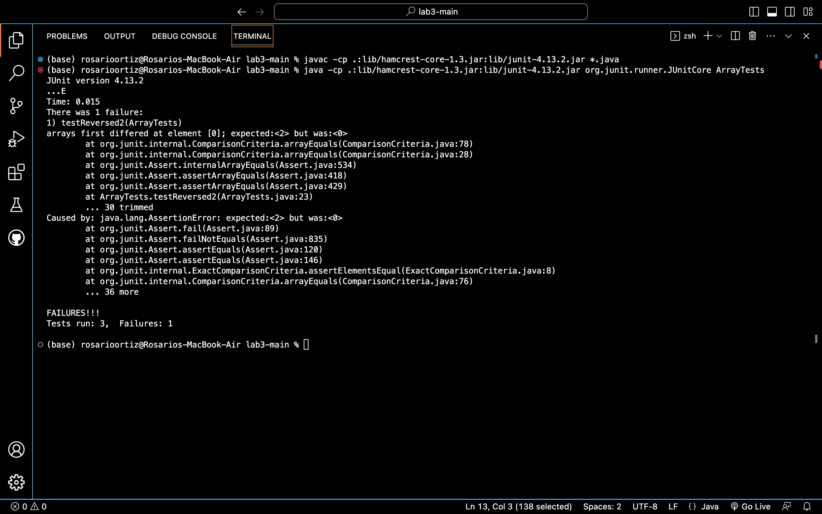 Screenshot of terminal output of tests